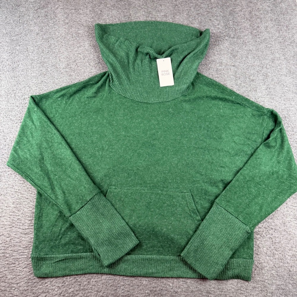 Pink Rose Cowl Neck Sweater Women's XL Green Hacci Knit Pocket PF3H21233BK